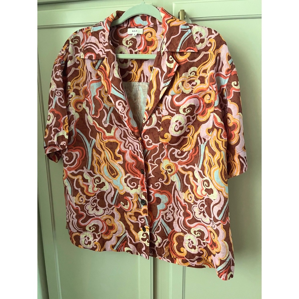 ALC Linen Blend Camp Collar Short Sleeve Shirt 4 Women Brown Pink Abstract Swirl